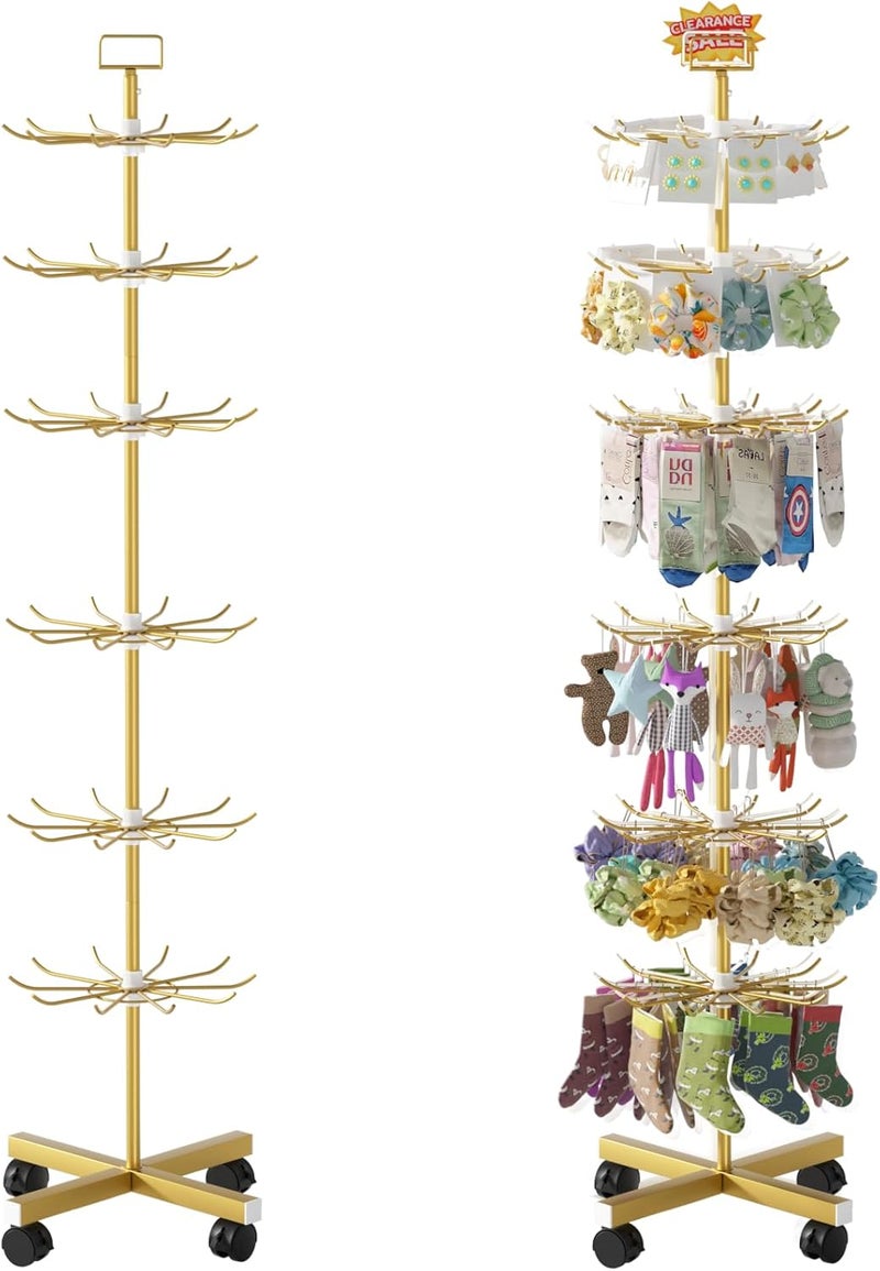 Exttlliy Retail Display Stand Store Display Rack 6 Tier Metal Spinning Display Stand Rack with Wheels Keychain Jewelry Stocking Hat Stand with Hooks for Malls, Showroom, Retail Store (6 Tier Gold) - Image 1